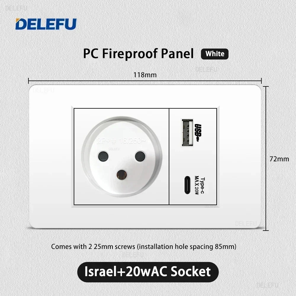 DELEFU White Retardant PC Israel USB Type C Fast Charging Wall Socket Light Tuya Wifi Smart Switch Sat TV Tel Doorbell Curtain