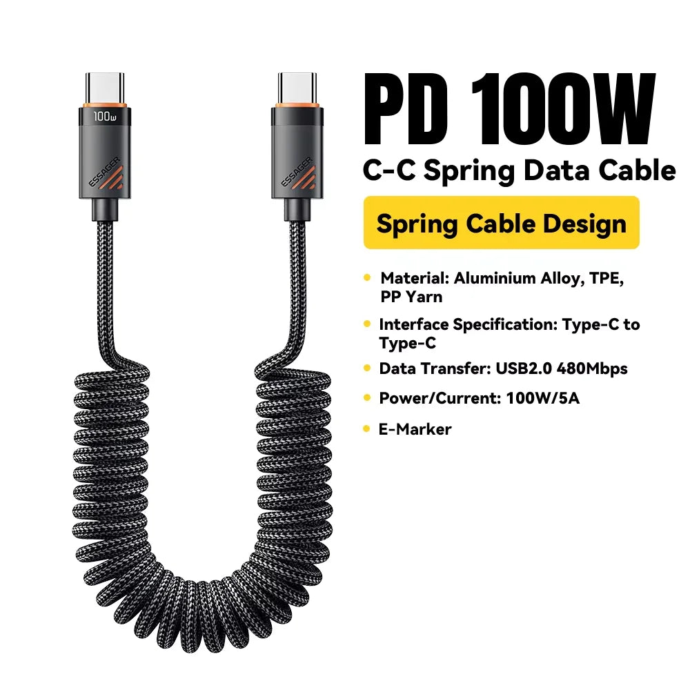 Essager Car Spring Type C Cable For iPhone 16 15 Xiaomi Samsung 100W PD Fast Charging For Macbook iPad Type C to Type C Cable