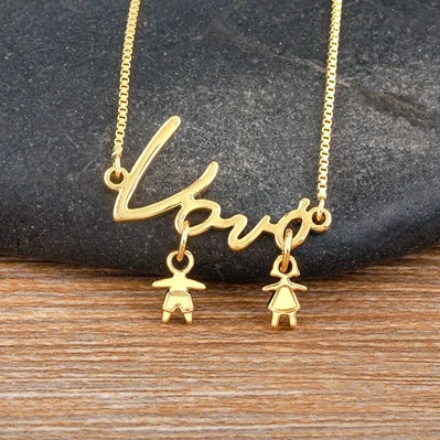 Nidin Exquisite Gold Plated Mom Daughter Necklace Girl Boy Pendant Chain Choker Cubic Zirconia Jewelry Mother's Day Gift
