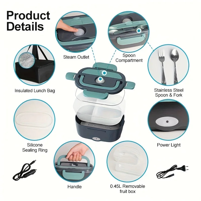 New US Standard Electric Lunch Box Double Compartment Portable Food Heater 110V-240V 12V 24V for Home Car Camping
