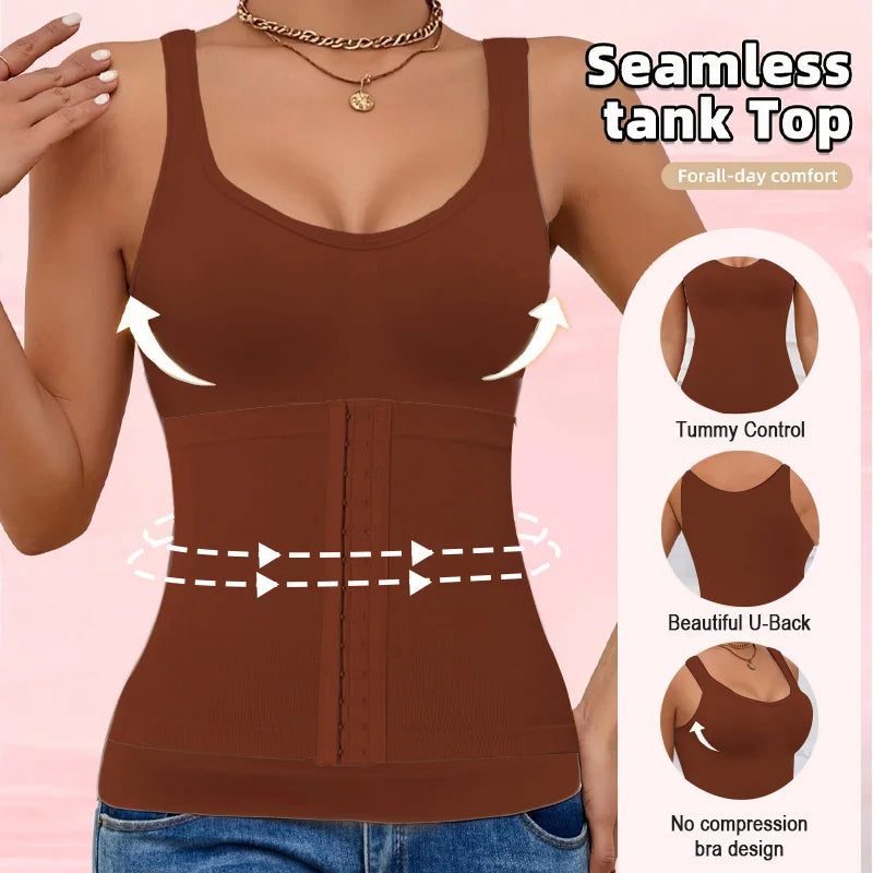 1PC Highly Elastic Women'S 3in1 Camisole Seamless Waist Trainer Removable Bra Pad Hook Adjustable Tummy Control Shaping Tank Top