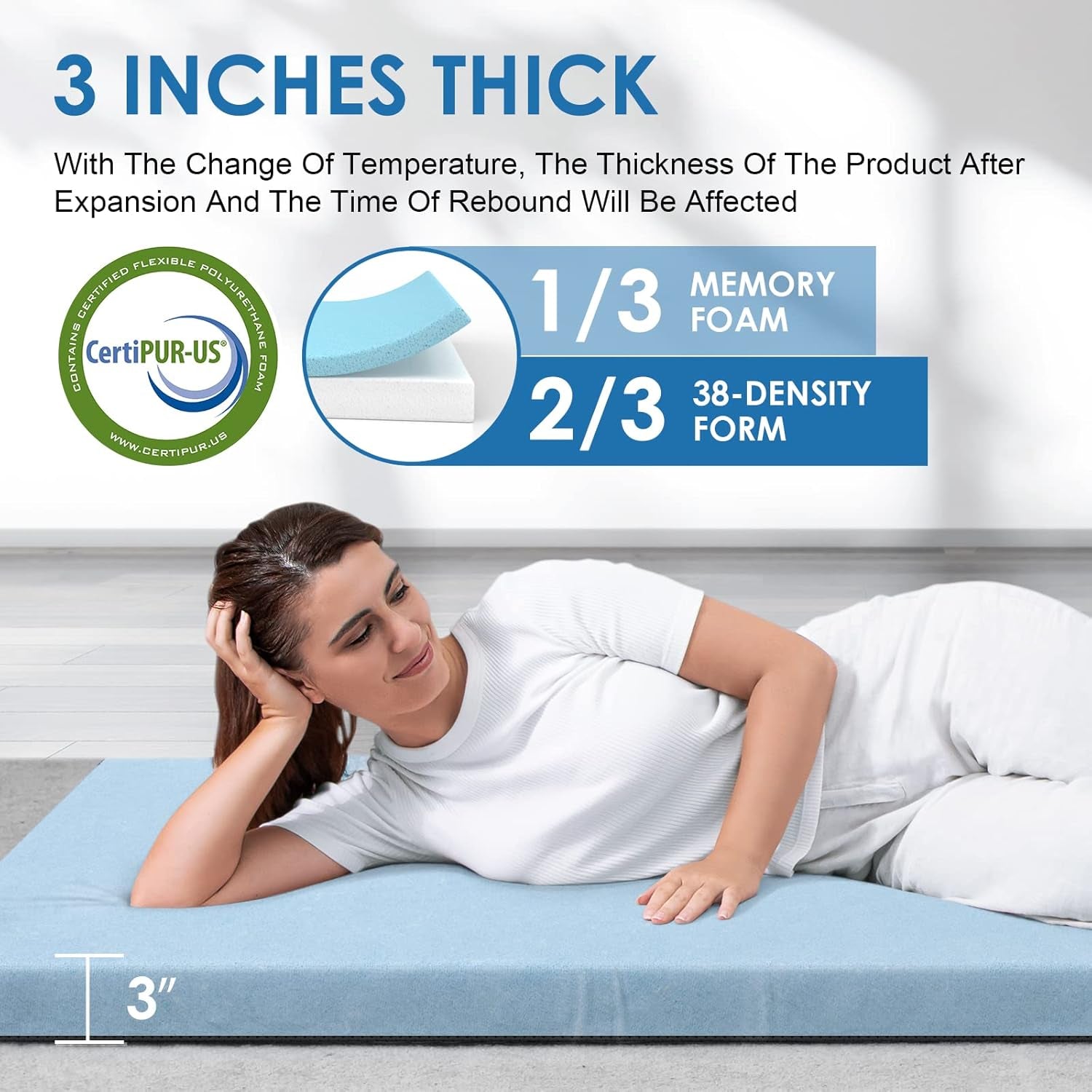 Kingchii Certipur-Us Memory Foam Camping Mattress, Portable Roll up Travel Car Camping Mattress Sleeping Pad & Floor Mattress, Cot Mattress Guest Bed for Sleepover with Waterproof Cover.