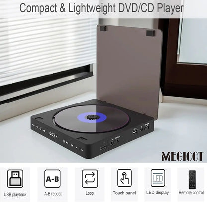 MEGICOT Mini DVD Player for TV with HD AV Port Touch Button Remote Control, All Region Free, Support CD DVD VCD USB Flash HD Video Playback Players for Home