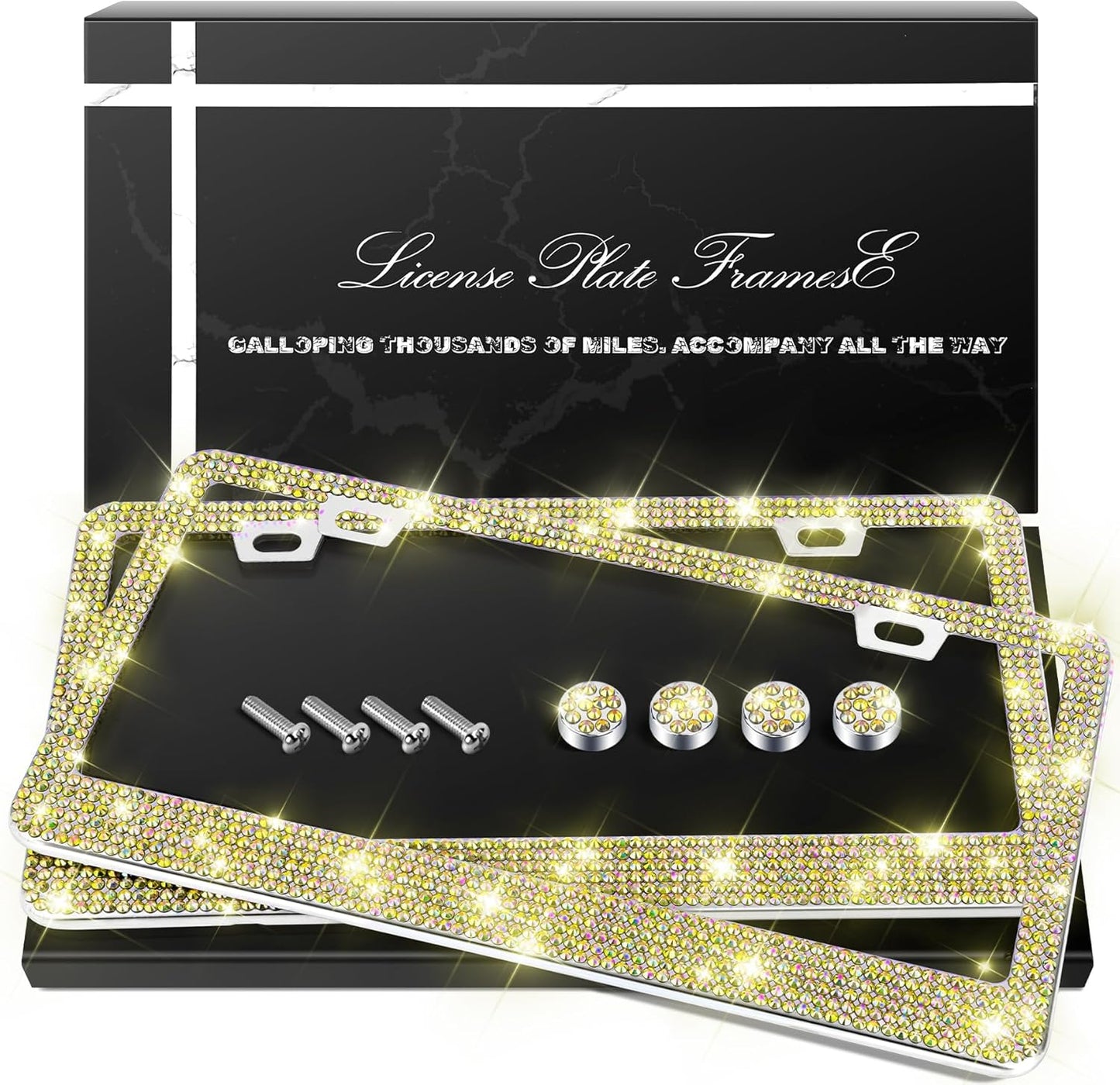 QUANQIUFEI 2 Pack Bling License Plate Frames, Sparkly Rhinestone Diamond Car License Plate Cover for Women, Stainless Steel Car Accessories with Glitter Crystal Caps (Black)