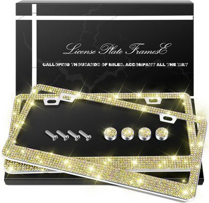 QUANQIUFEI 2 Pack Bling License Plate Frames, Sparkly Rhinestone Diamond Car License Plate Cover for Women, Stainless Steel Car Accessories with Glitter Crystal Caps (Black)