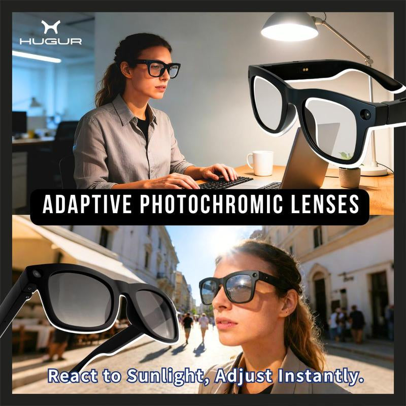 HUGUR AI Smart Camera Glasses with 8MP Lens & Photochromic Lenses Touch Control for Hands-Free Outdoor Travel Photography 160 Language Real-Time Translation Bluetooth Wearable Video Recorder UV Protection Multifunctional