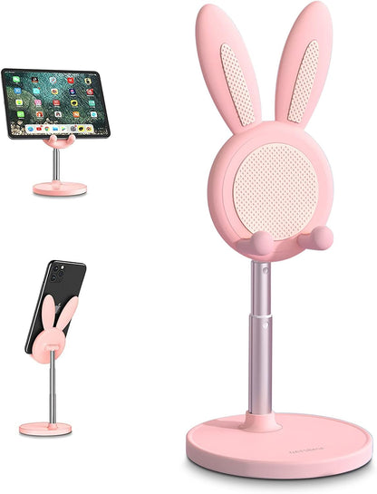 Cell Phone Stand,Angle Height Adjustable Bunny Phone Stand for Desk,Cute Rabbit Phone Holder Stand for Desk, Compatible with All Mobile Phones, Tablets(4-10In) (White)