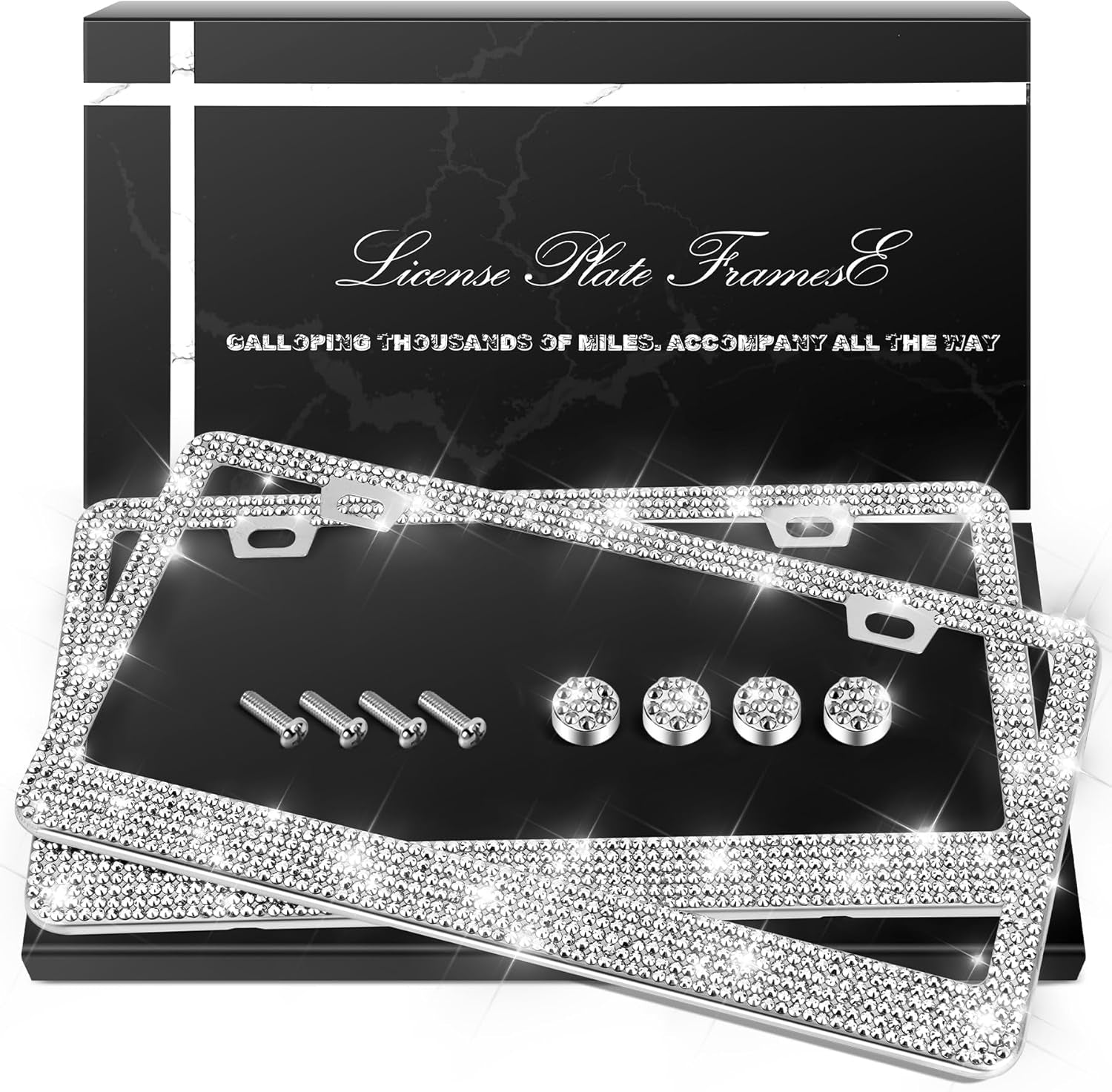 QUANQIUFEI 2 Pack Bling License Plate Frames, Sparkly Rhinestone Diamond Car License Plate Cover for Women, Stainless Steel Car Accessories with Glitter Crystal Caps (Black)