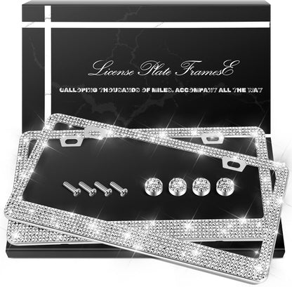 QUANQIUFEI 2 Pack Bling License Plate Frames, Sparkly Rhinestone Diamond Car License Plate Cover for Women, Stainless Steel Car Accessories with Glitter Crystal Caps (Black)