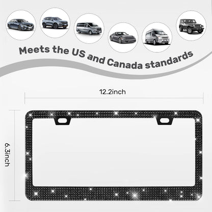 QUANQIUFEI 2 Pack Bling License Plate Frames, Sparkly Rhinestone Diamond Car License Plate Cover for Women, Stainless Steel Car Accessories with Glitter Crystal Caps (Black)