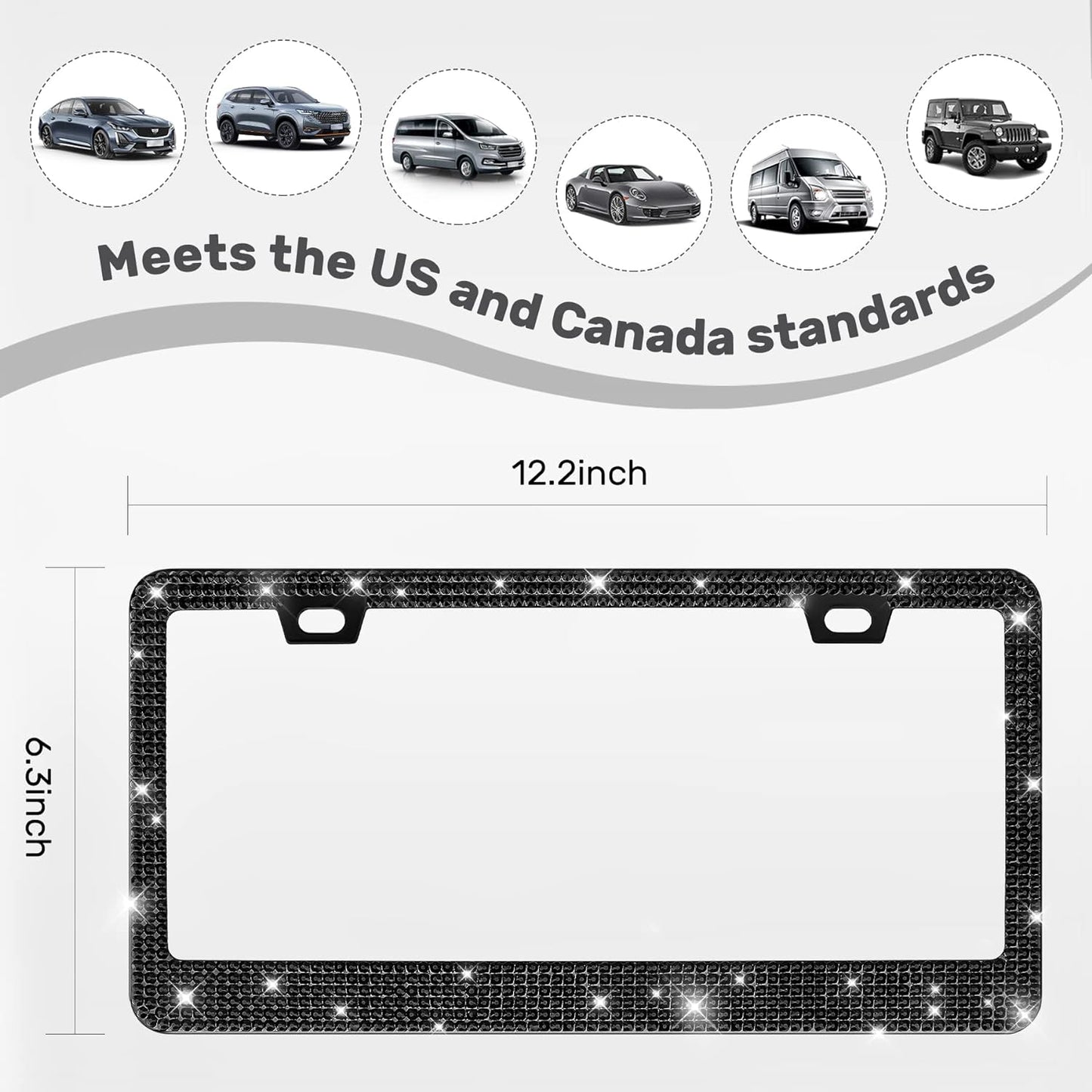 QUANQIUFEI 2 Pack Bling License Plate Frames, Sparkly Rhinestone Diamond Car License Plate Cover for Women, Stainless Steel Car Accessories with Glitter Crystal Caps (Black)