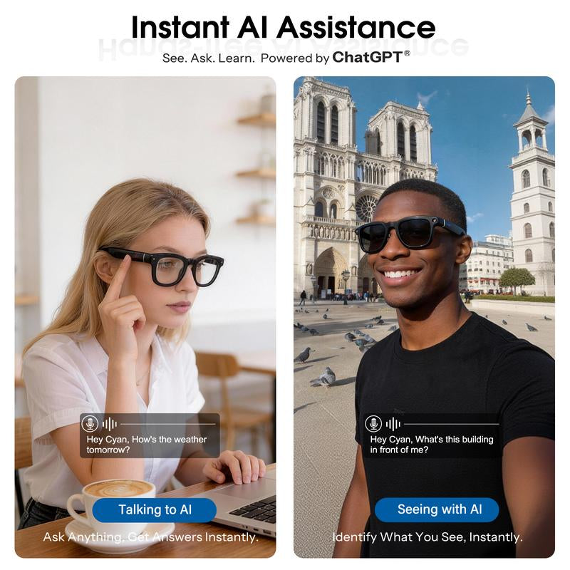 [Valentine'S Day] Coucur 2026 New G1-AI 4K Smart Camera Glasses with 6-Axis Stabilization AI Photo Recognition, Real-Time Translation & Charging Case, ENC Noise Reduction for Bluetooth Calls,Stylish Travel Accessory-2 Pairs of Interchangeable Lenses