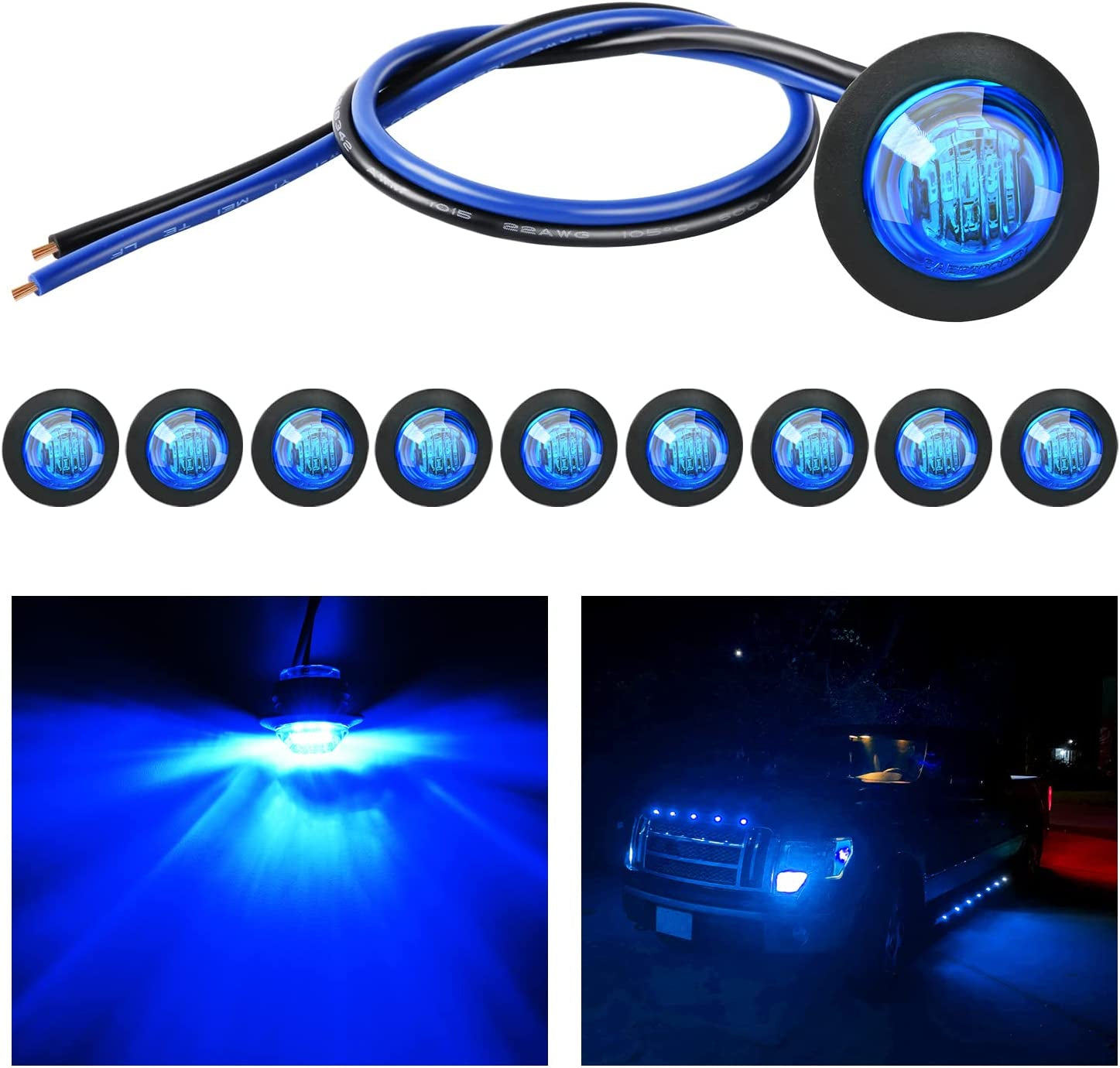 Nilight 10 PCS 3/4 Inch round LED Clearance Light Front Rear Side Indicator Bullet Marker Lamp for Truck RV Car Bus Trailer Van Caravan Boat, Blue