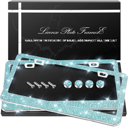 QUANQIUFEI 2 Pack Bling License Plate Frames, Sparkly Rhinestone Diamond Car License Plate Cover for Women, Stainless Steel Car Accessories with Glitter Crystal Caps (Black)