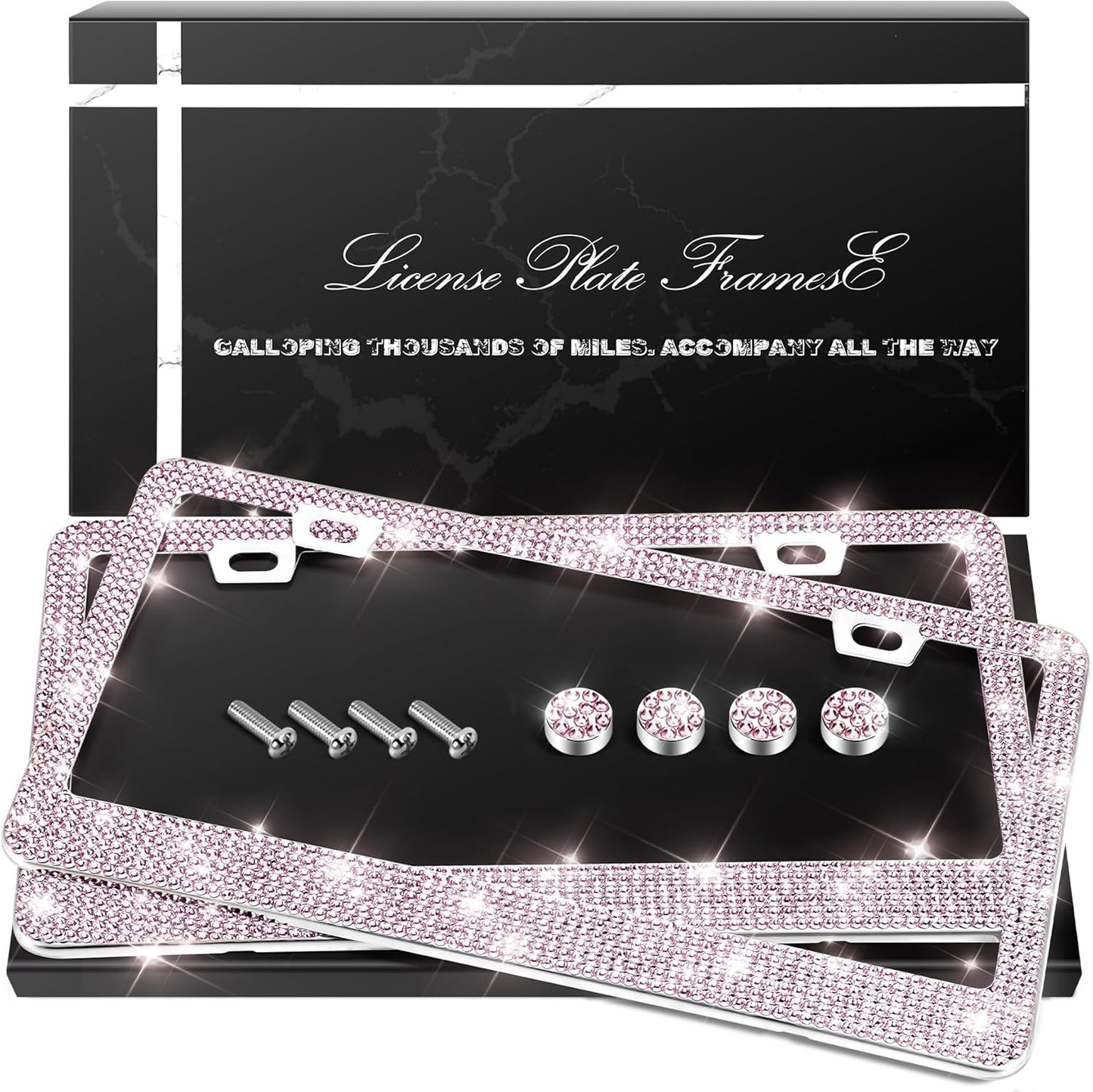 QUANQIUFEI 2 Pack Bling License Plate Frames, Sparkly Rhinestone Diamond Car License Plate Cover for Women, Stainless Steel Car Accessories with Glitter Crystal Caps (Black)