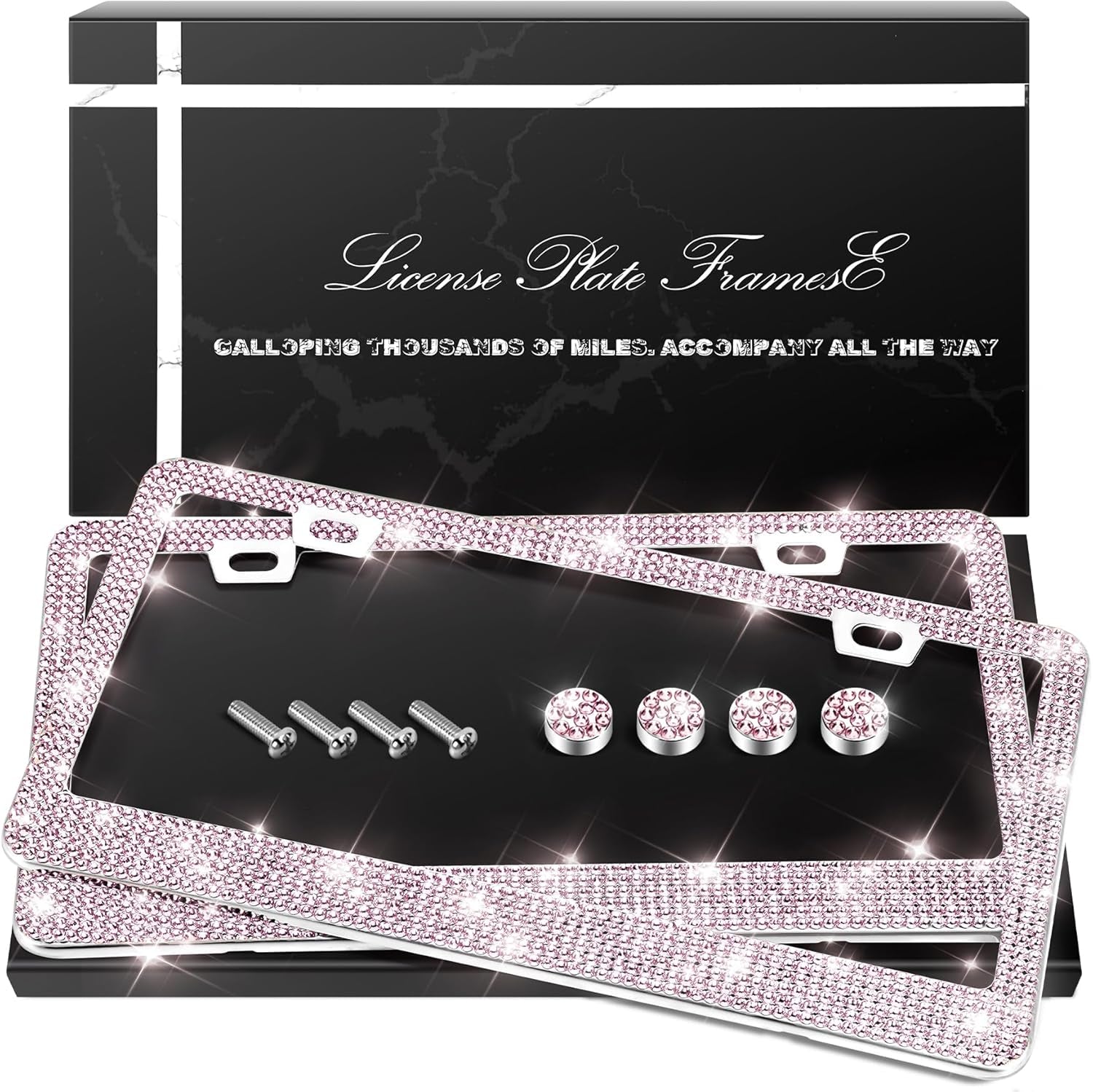 QUANQIUFEI 2 Pack Bling License Plate Frames, Sparkly Rhinestone Diamond Car License Plate Cover for Women, Stainless Steel Car Accessories with Glitter Crystal Caps (Black)