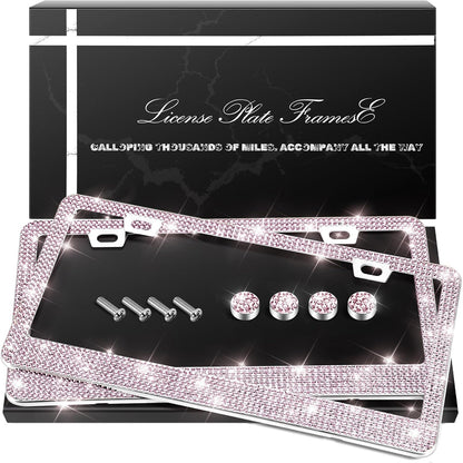 QUANQIUFEI 2 Pack Bling License Plate Frames, Sparkly Rhinestone Diamond Car License Plate Cover for Women, Stainless Steel Car Accessories with Glitter Crystal Caps (Black)