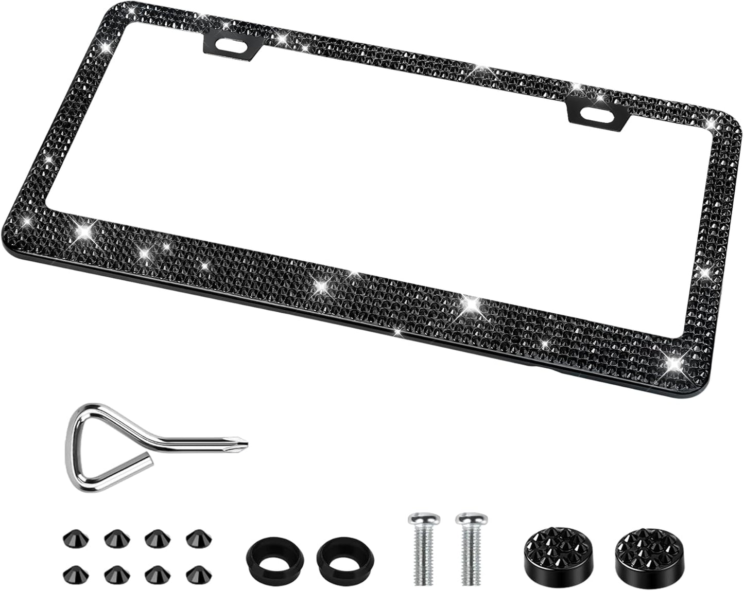 QUANQIUFEI 2 Pack Bling License Plate Frames, Sparkly Rhinestone Diamond Car License Plate Cover for Women, Stainless Steel Car Accessories with Glitter Crystal Caps (Black)