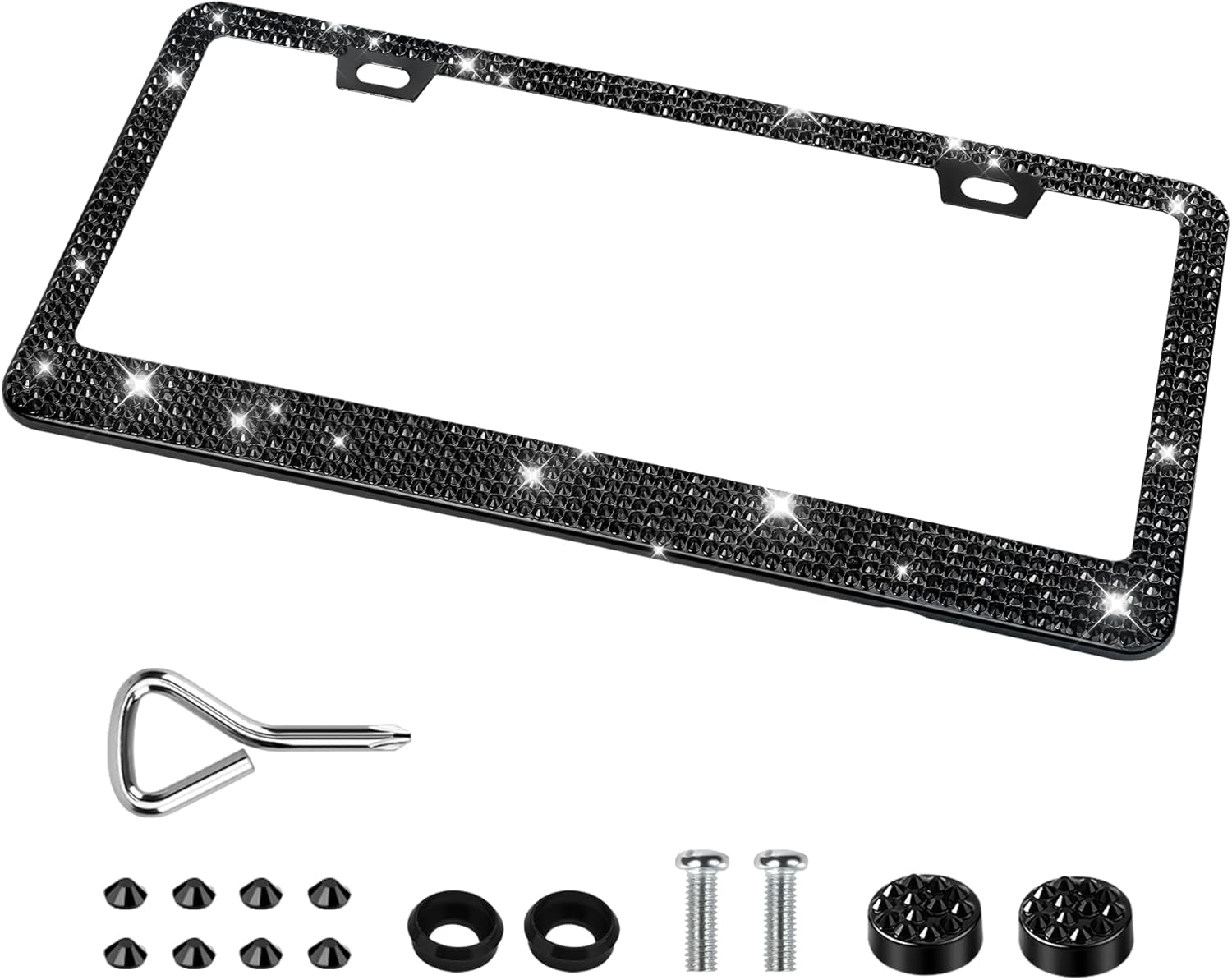 QUANQIUFEI 2 Pack Bling License Plate Frames, Sparkly Rhinestone Diamond Car License Plate Cover for Women, Stainless Steel Car Accessories with Glitter Crystal Caps (Black)