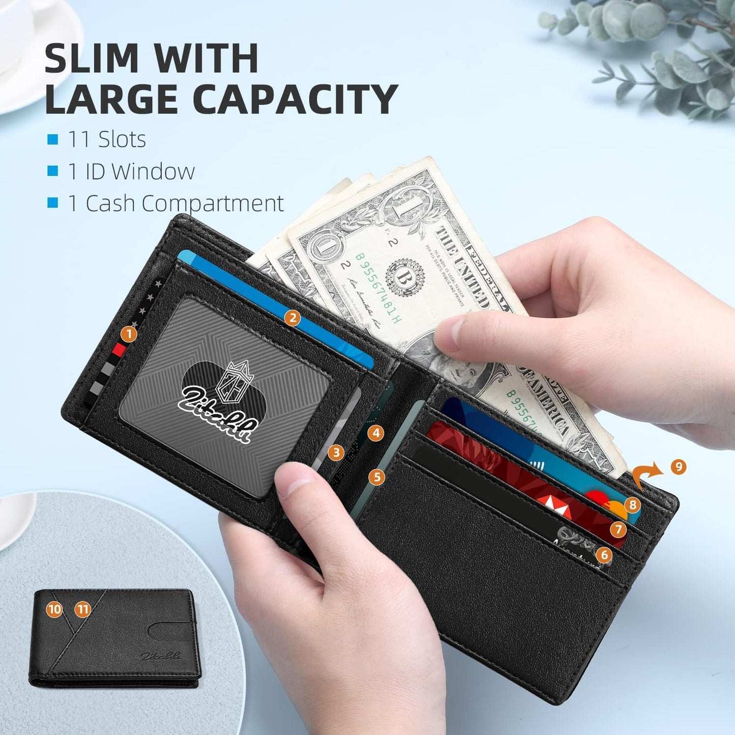 Zitahli Bifold Wallets for Men - Slim RFID Leather Credit Card Holder for 6-11 Cards, Minimalist Thin Wallet with ID Window & Cash Slot,Front Pockt Carteras Para Hombres, Birthday Gifts for Men | Slim