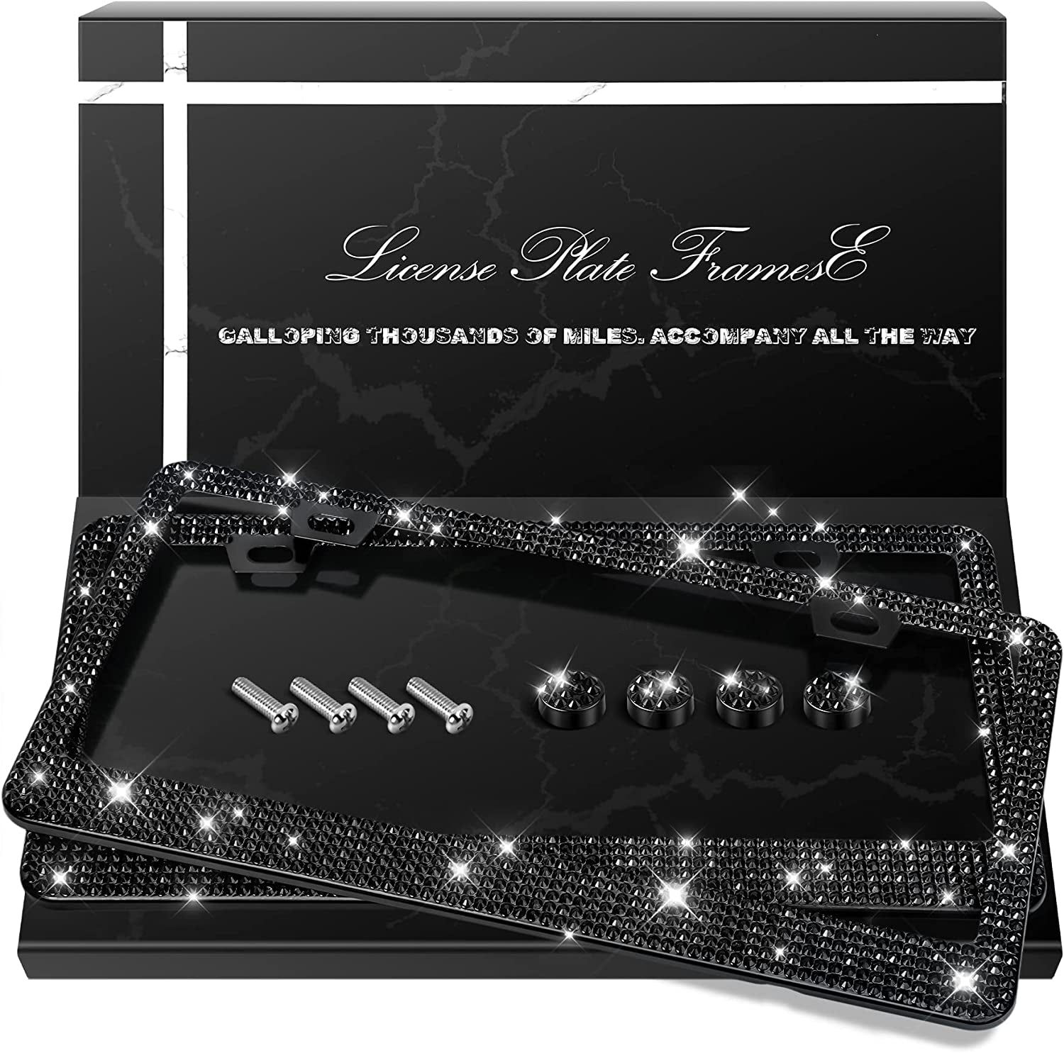 QUANQIUFEI 2 Pack Bling License Plate Frames, Sparkly Rhinestone Diamond Car License Plate Cover for Women, Stainless Steel Car Accessories with Glitter Crystal Caps (Black)