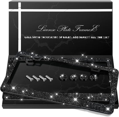 QUANQIUFEI 2 Pack Bling License Plate Frames, Sparkly Rhinestone Diamond Car License Plate Cover for Women, Stainless Steel Car Accessories with Glitter Crystal Caps (Black)