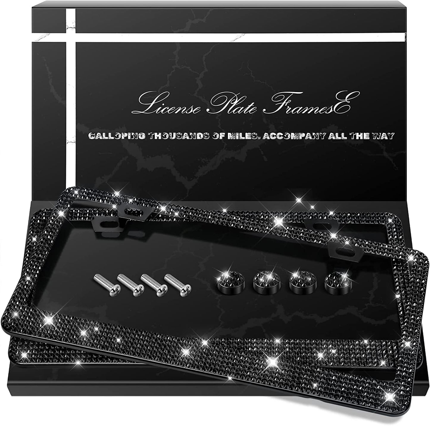 QUANQIUFEI 2 Pack Bling License Plate Frames, Sparkly Rhinestone Diamond Car License Plate Cover for Women, Stainless Steel Car Accessories with Glitter Crystal Caps (Black)