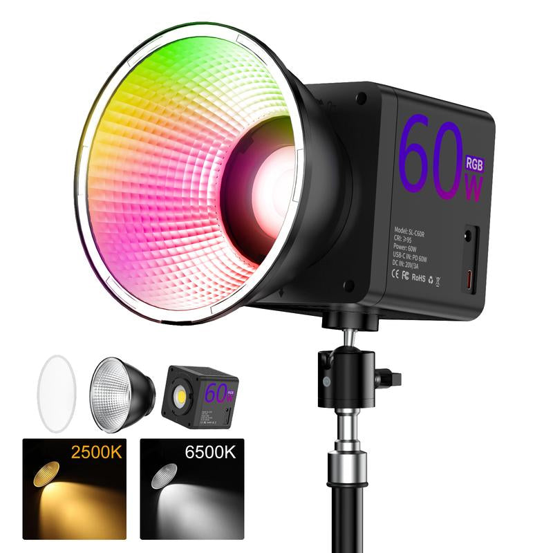 RGB COB Video Light - Compatible with Tripod - 60W USB Charging - Wireless Fill Light, 24 Scene Modes, 13400Mah Battery (5-Hour Battery Life) Suitable for Vlogs, Live Streaming, Photography, and Professional Studio Lighting