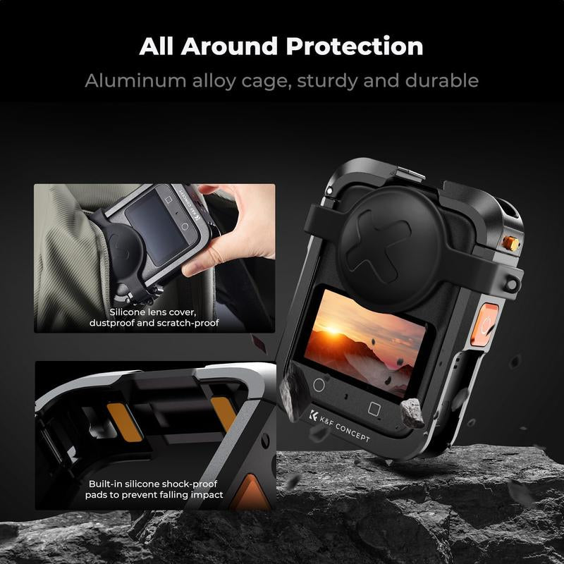 K&F CONCEPT Metal Camera Cage Compatible with DJI Osmo 360 Accessories, Aluminum Alloy Protective Case | with Silicone Lens Cover | Expansion Frame with 2 Cold Shoe Mount | Built-In Charging Contact