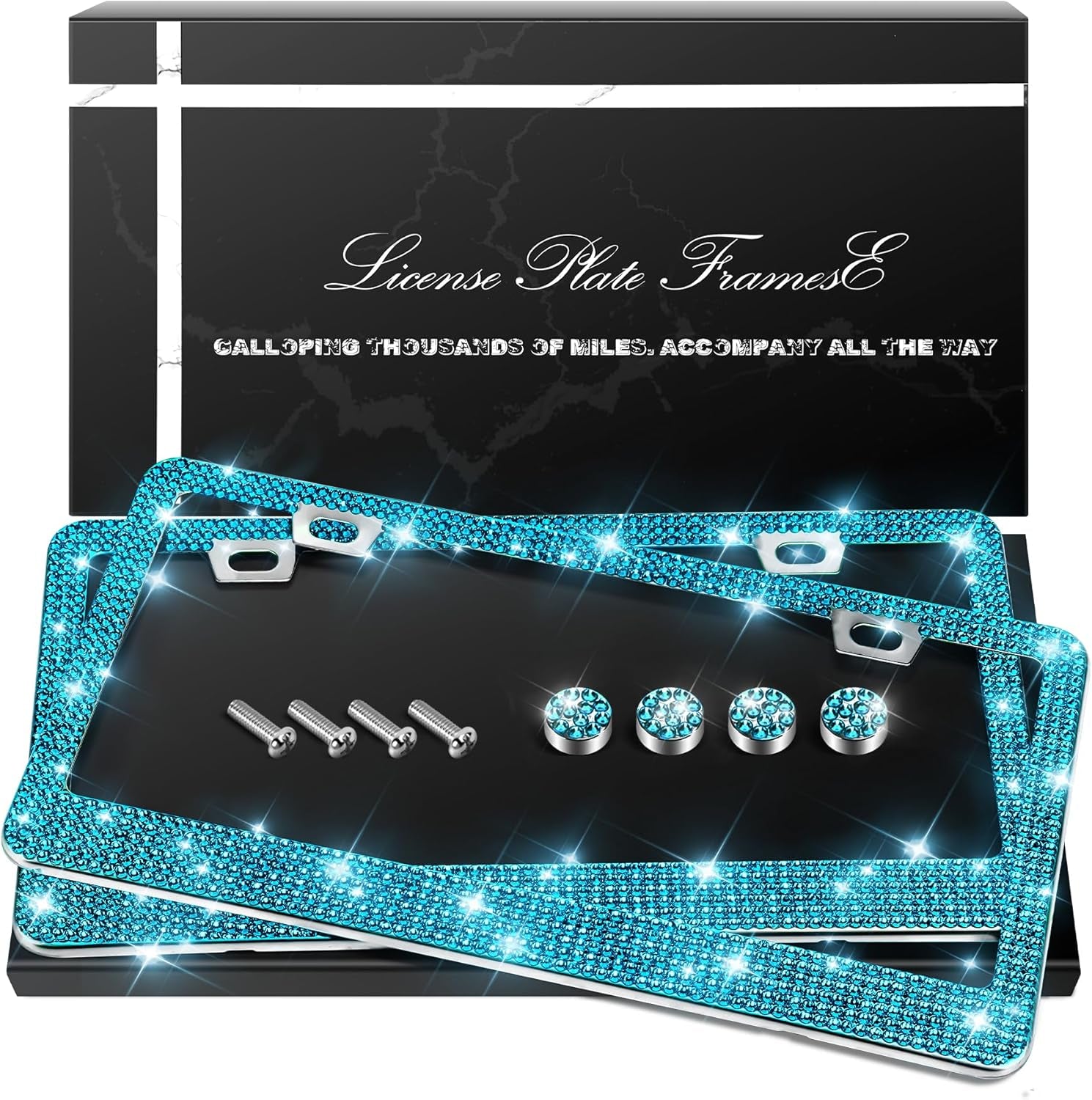 QUANQIUFEI 2 Pack Bling License Plate Frames, Sparkly Rhinestone Diamond Car License Plate Cover for Women, Stainless Steel Car Accessories with Glitter Crystal Caps (Black)