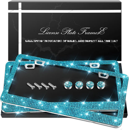 QUANQIUFEI 2 Pack Bling License Plate Frames, Sparkly Rhinestone Diamond Car License Plate Cover for Women, Stainless Steel Car Accessories with Glitter Crystal Caps (Black)