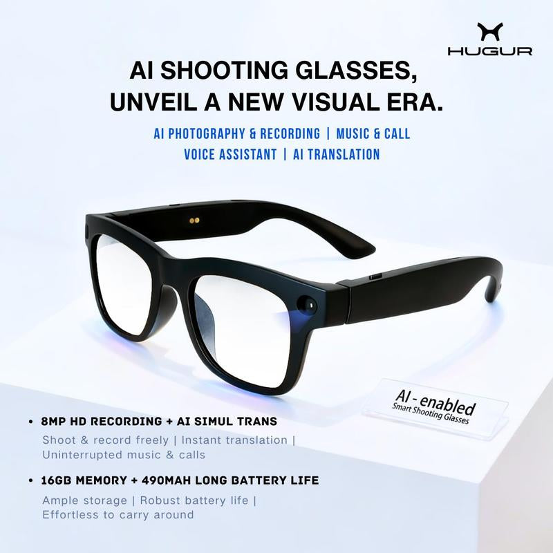 HUGUR AI Smart Camera Glasses with 8MP Lens & Photochromic Lenses Touch Control for Hands-Free Outdoor Travel Photography 160 Language Real-Time Translation Bluetooth Wearable Video Recorder UV Protection Multifunctional
