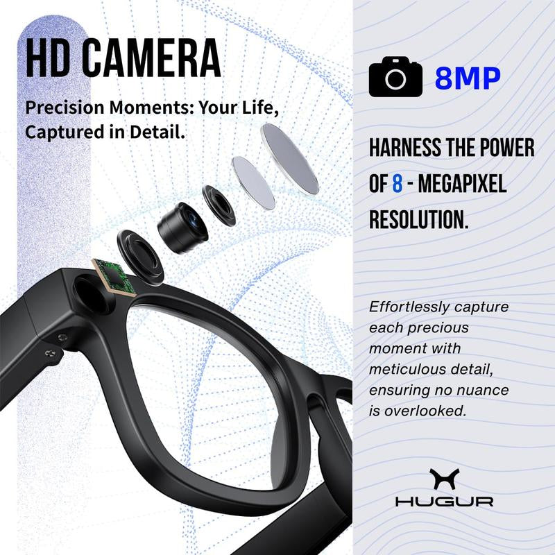 HUGUR AI Smart Camera Glasses with 8MP Lens & Photochromic Lenses Touch Control for Hands-Free Outdoor Travel Photography 160 Language Real-Time Translation Bluetooth Wearable Video Recorder UV Protection Multifunctional