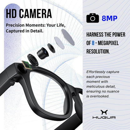HUGUR AI Smart Camera Glasses with 8MP Lens & Photochromic Lenses Touch Control for Hands-Free Outdoor Travel Photography 160 Language Real-Time Translation Bluetooth Wearable Video Recorder UV Protection Multifunctional