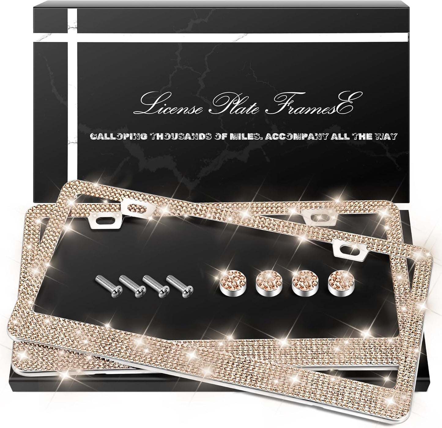 QUANQIUFEI 2 Pack Bling License Plate Frames, Sparkly Rhinestone Diamond Car License Plate Cover for Women, Stainless Steel Car Accessories with Glitter Crystal Caps (Black)