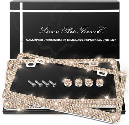QUANQIUFEI 2 Pack Bling License Plate Frames, Sparkly Rhinestone Diamond Car License Plate Cover for Women, Stainless Steel Car Accessories with Glitter Crystal Caps (Black)