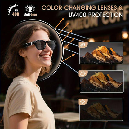 AI Smart Glasses with 8MP HD Camera,4K Photos, 1080P Video Recording , Real Time Translation, Voice Assistant,Free Light-Blocking Sticker. for Travel, Meetings & Vlogging, Bluetooth Eyewear with Voice Assistant and Photochromic Lenses ,Touch Adjustment,
