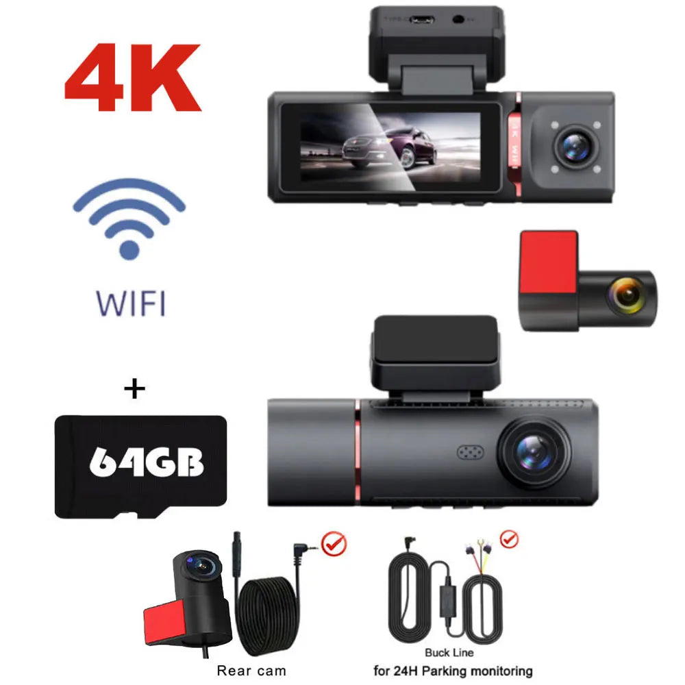 3 Channel Car DVR UHD 4K 3-Lens Inside Vehicle Dash Cam Three Way Camera DVRs Recorder Video Registrator GPS Dashcam Camcorder