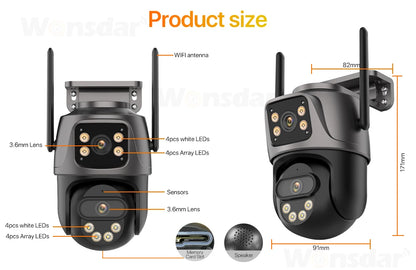 Three Screen WIFI IP Camera Outdoor 4K Dual Lens PTZ Camera Ai Human Detection IP66 Waterproof CCTV Video Security Camera iCsee
