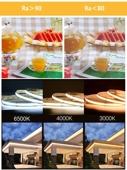 UL Listed COB LED Strip Light 320 480 LEDs/m 16.4ft High Density Flexible Tape Ribbon 3000-6500K RA90 Led Lights DC12V 24V