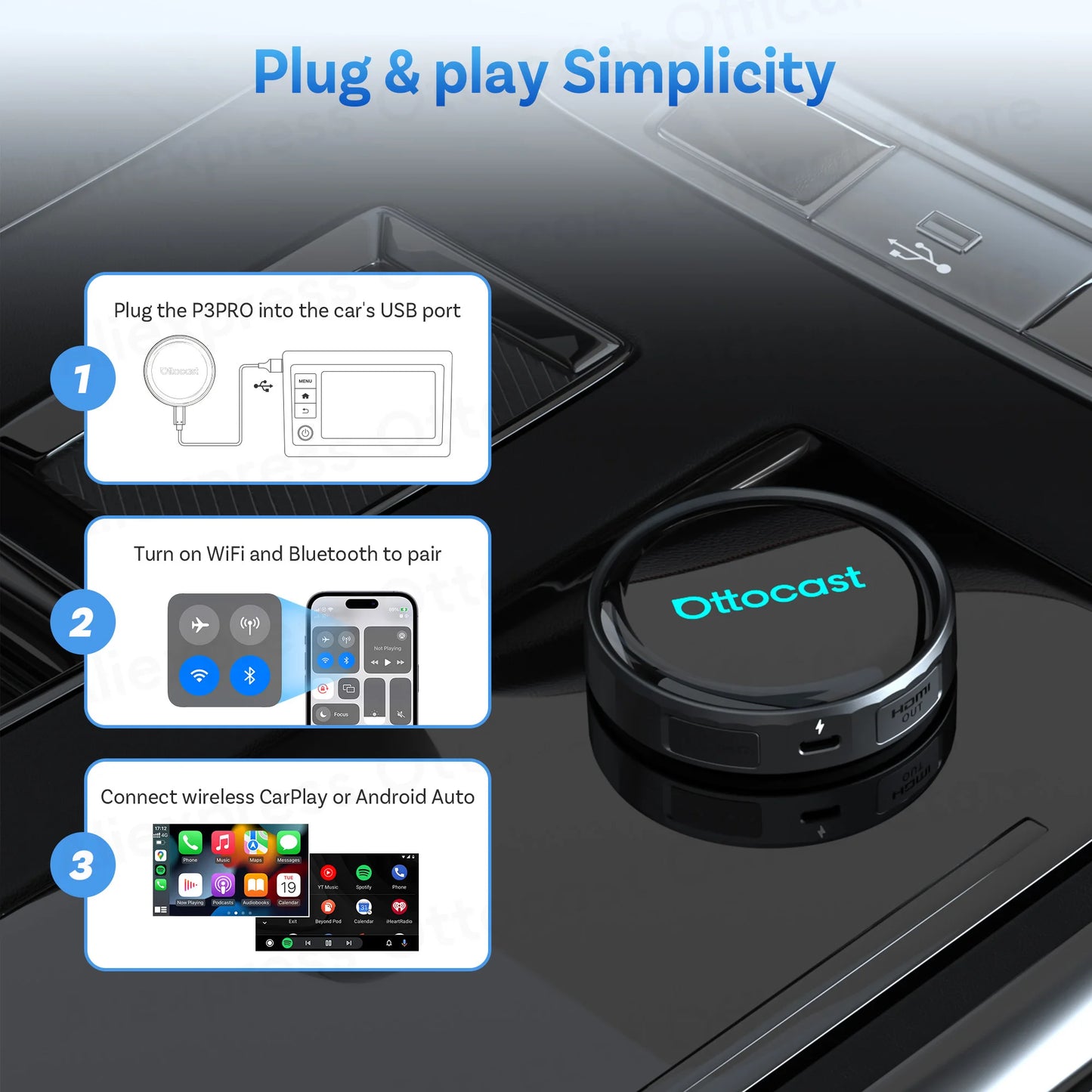 OTTOCAST P3 PRO AI Box Android TV Box for HDMI out Wireless CarPlay Android Auto Car Accessories for Toyota VW Honda Kia Benz