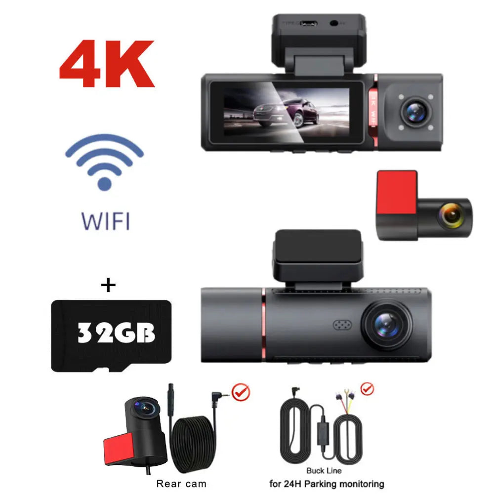 3 Channel Car DVR UHD 4K 3-Lens Inside Vehicle Dash Cam Three Way Camera DVRs Recorder Video Registrator GPS Dashcam Camcorder