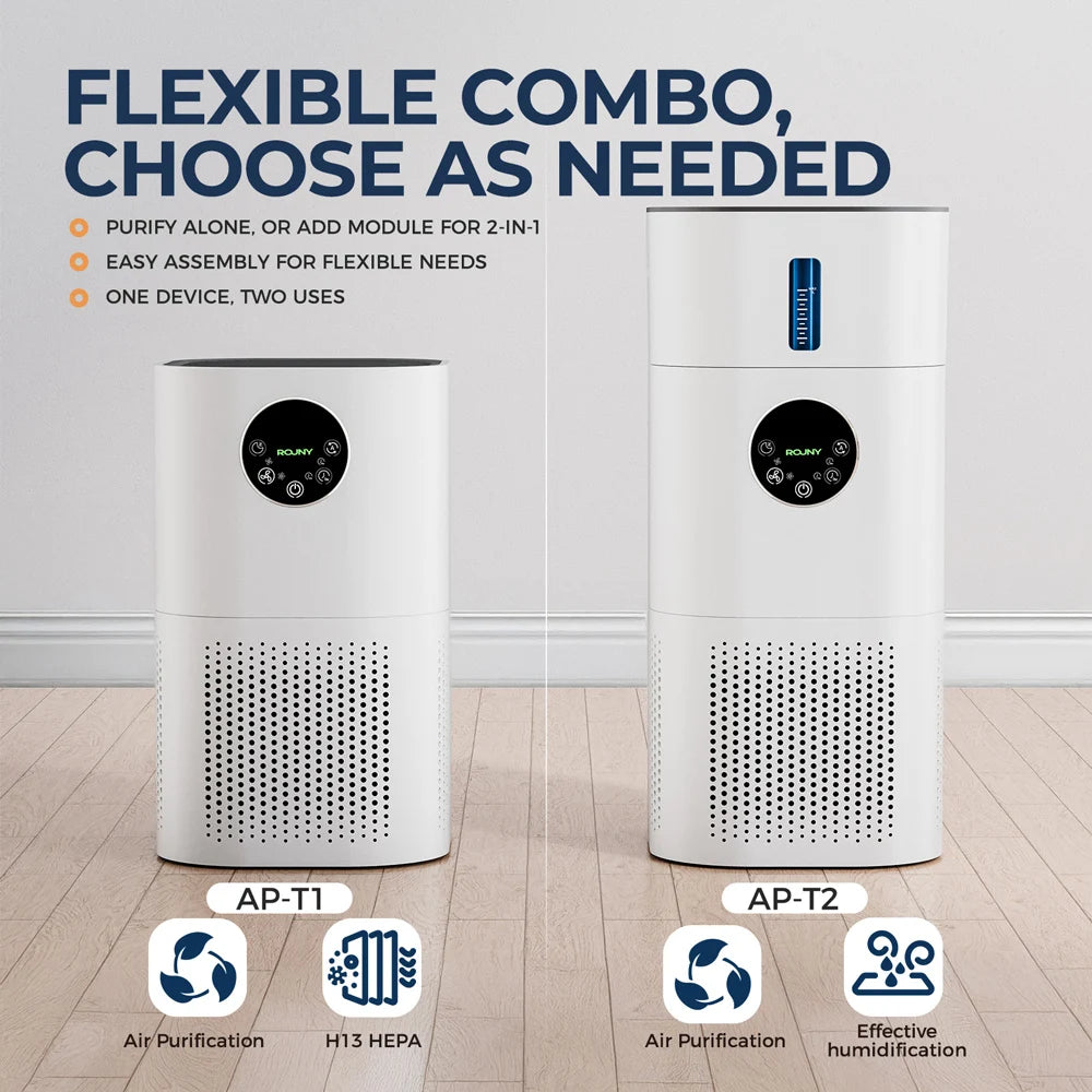 2-in-1 H13 True HEPA Air Purifier & Humidifier Combo, Pet Odor/Smoke/Allergies, 360° Air Intake, Quiet 25dB, 20~50㎡, White