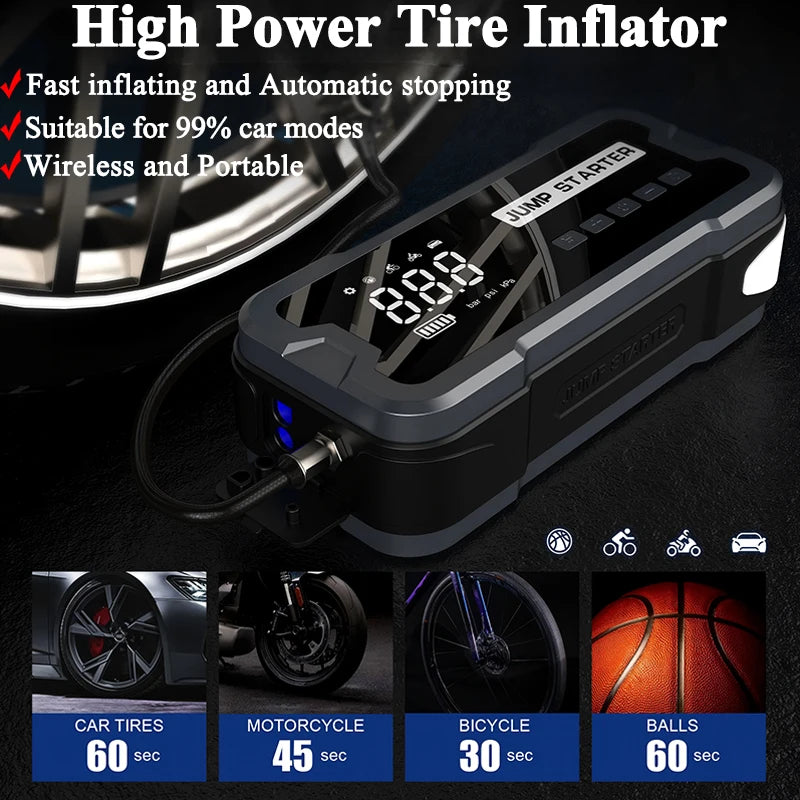 MultiFunction 4 in 1 Car Jump Starter with Air Compressor 150PSI Wireless Emergency Power Supply Battery Booster with Power Bank