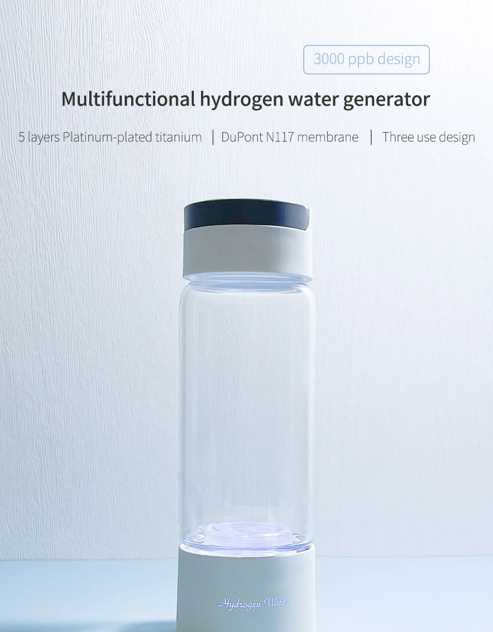 Max 3000ppb Hydrogen Rich Water Generator- 3 in 1 use(Breath with tube) DuPont SPE+PEM Dual Chamber H2 electrolysis Water Bottle