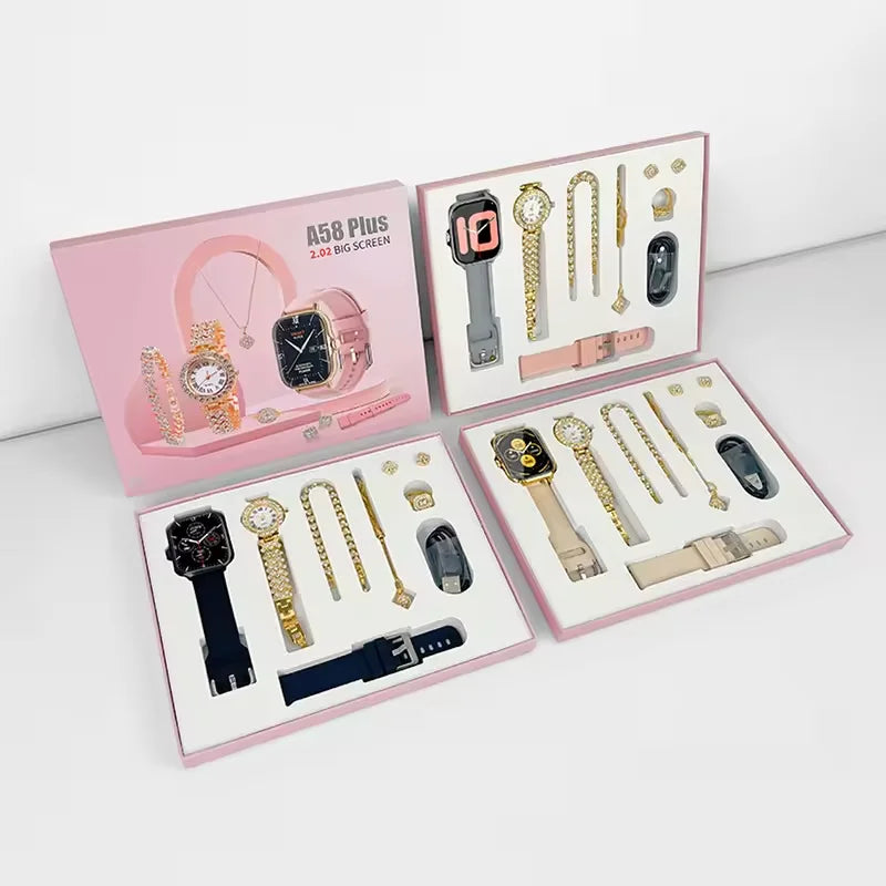 Hot Selling 7 in 1 Set A58 Plus Suit with 2 Straps Earrings Bracelets Necklaces Set BT Call 1.91INCH Women Smartwatch