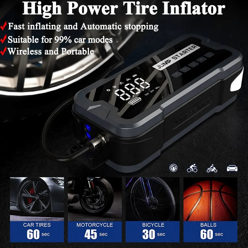 MultiFunction 4 in 1 Car Jump Starter with Air Compressor 150PSI Wireless Emergency Power Supply Battery Booster with Power Bank