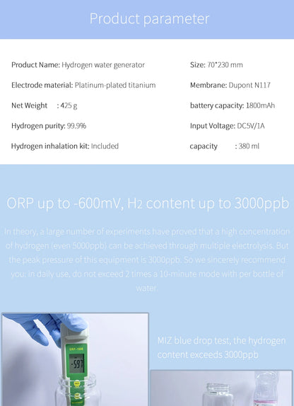 Max 3000ppb Hydrogen Rich Water Generator- 3 in 1 use(Breath with tube) DuPont SPE+PEM Dual Chamber H2 electrolysis Water Bottle