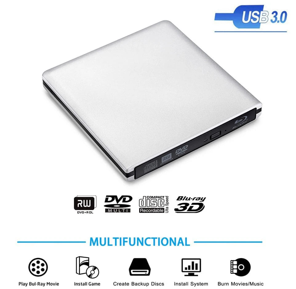 External USB3.0 Bluray Burner Writer Optical BD-RE Recorder 3D BD-ROM Blu-Ray Reader Bluray Play DVD Recorder for Laptop/Desktop