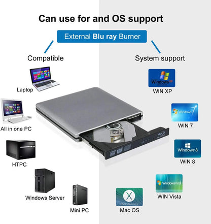 External USB3.0 Bluray Burner Writer Optical BD-RE Recorder 3D BD-ROM Blu-Ray Reader Bluray Play DVD Recorder for Laptop/Desktop